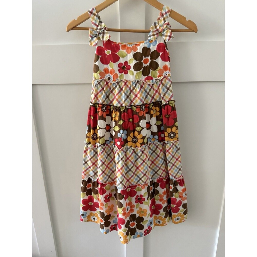 Crazy 8 Girls Multicolor Floral Woven Cotton Tiered Sundress Bow Ruffle M 7-8